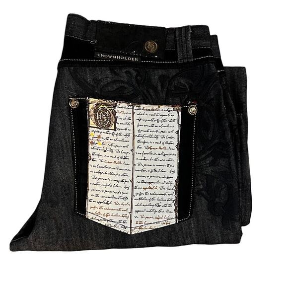 Y2K 38x35 Crown Holder Hip Hop Rap Skater Baggy Wide Dark Jeans Black - Picture 1 of 9